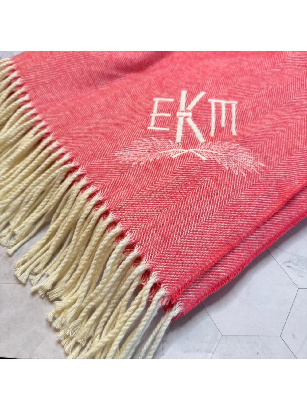 Lands Downunder Throw Blanket Pink Herringbone 52x60" Fringe EKM Monogram in EUC